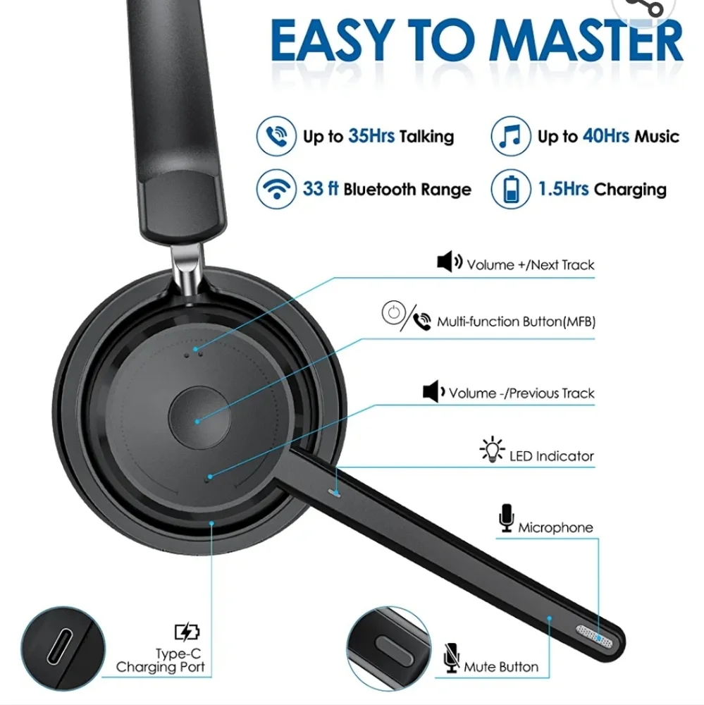 Mopchnic Bluetooth Headset, Wireless Headset w Microphone AI Noise Canceling - Picture 4 of 13